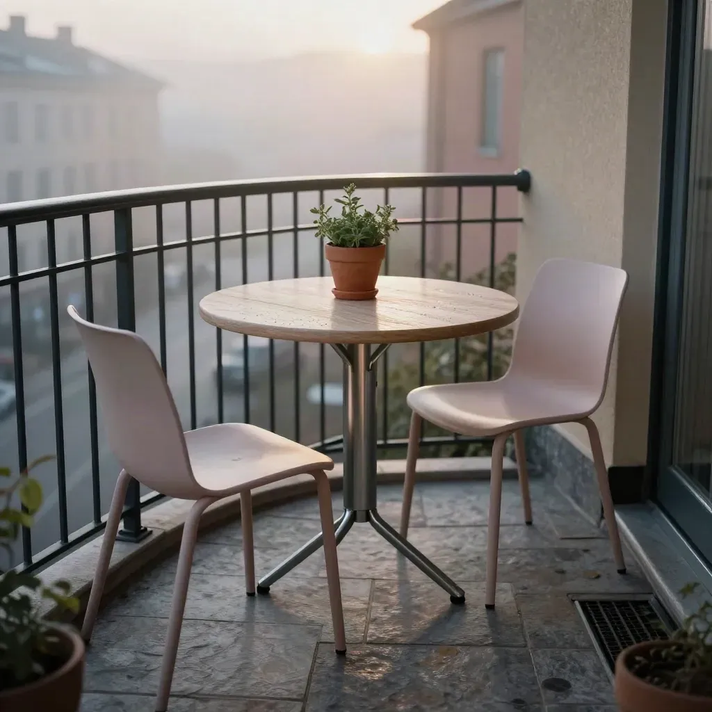 Liten balkonghörna med runt askbord, två smala stolar och en liten terrakottakruka i morgondis.