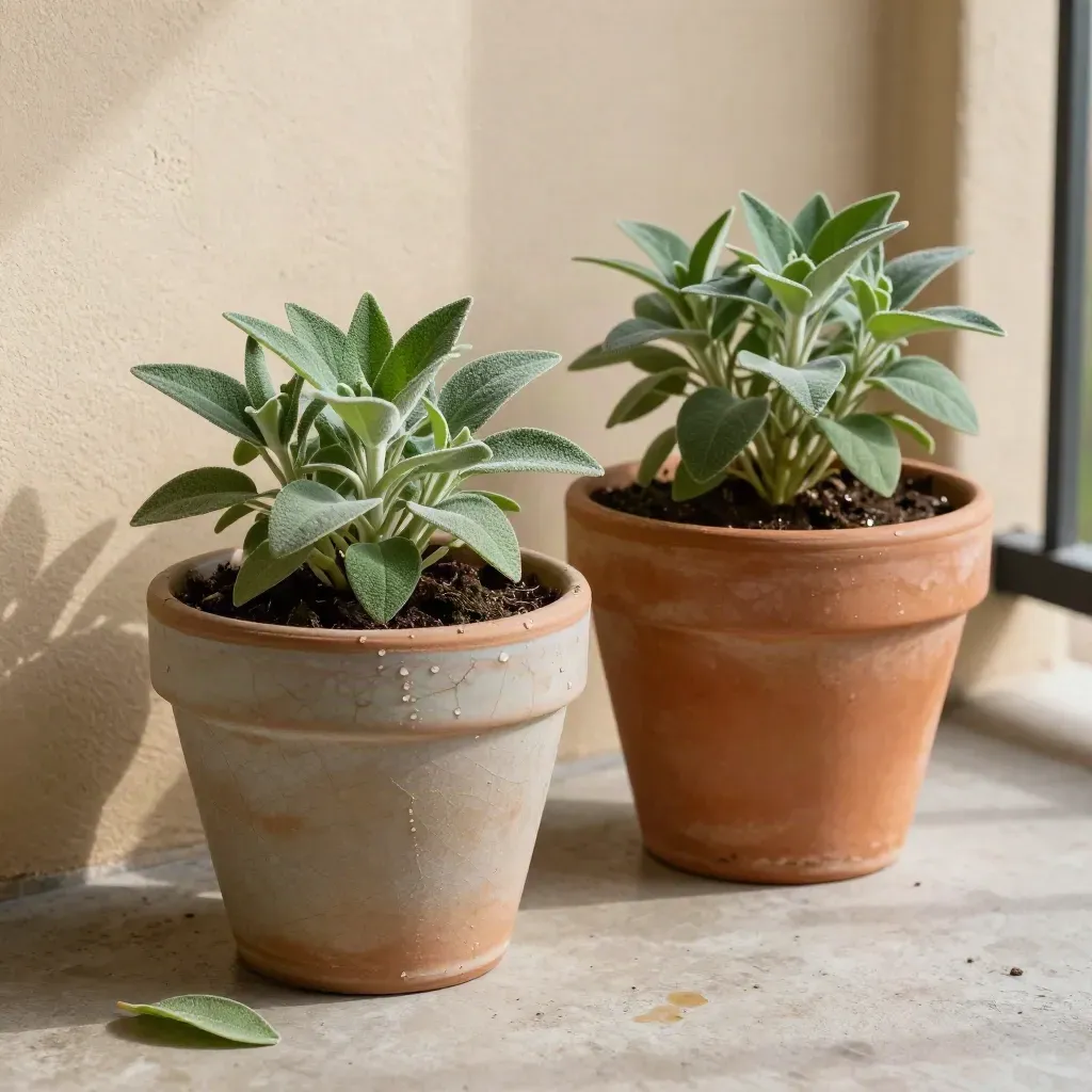 Två krukor i olika storlek med samma planta mot ljus vägg på balkong.