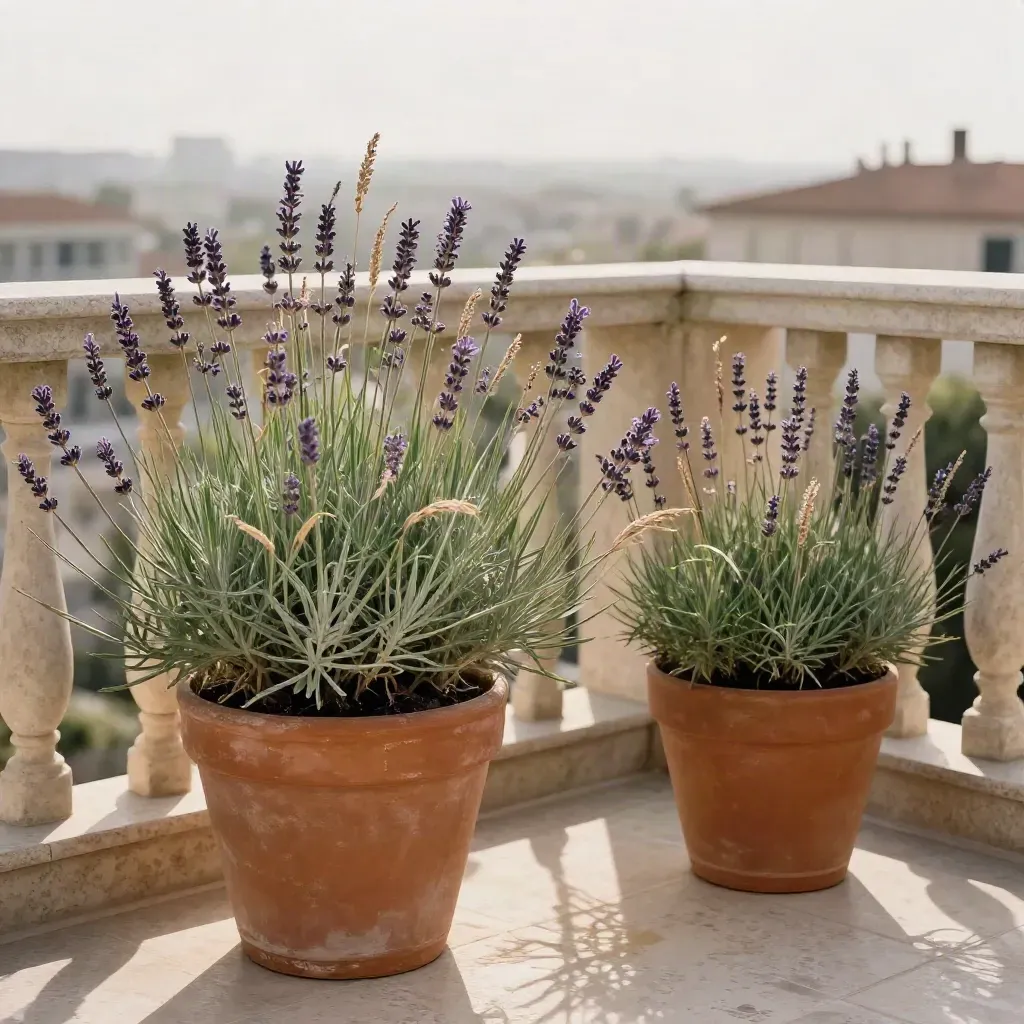 Lavendel och prydnadsgräs i terrakottakrukor på en blåsig balkong i kvällsljus.